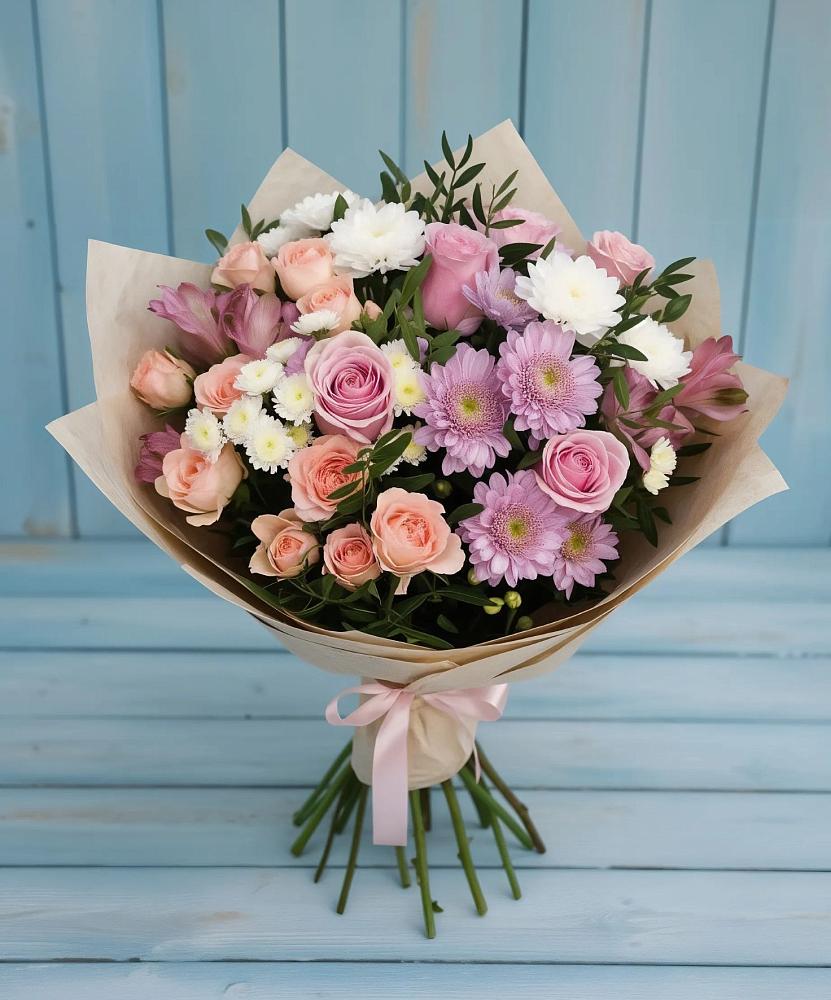 Букет цветов из: Хризантемы, Розы и Альстромерии в Бологом