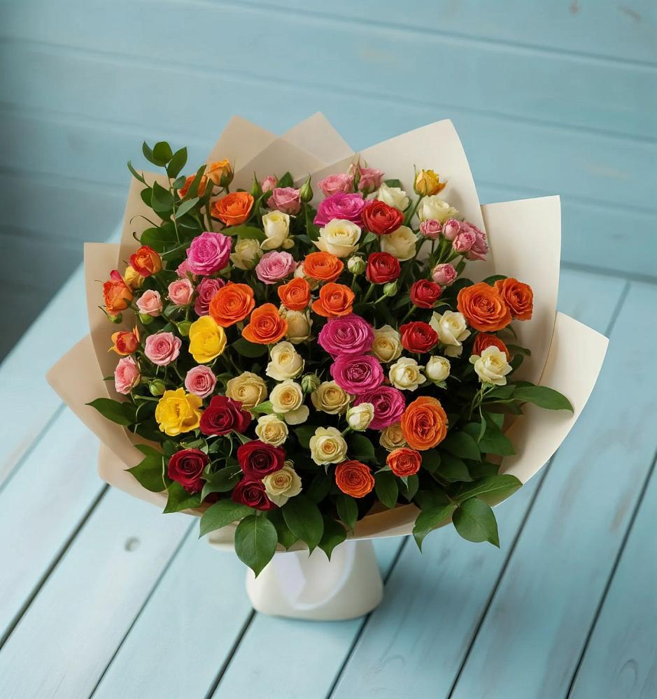 Букет Микс из разноцветных кустовых роз в Бологом