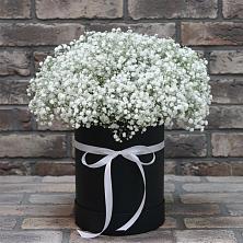 Цветочная композиция из Гипсофила в шляпной коробке в Бологом