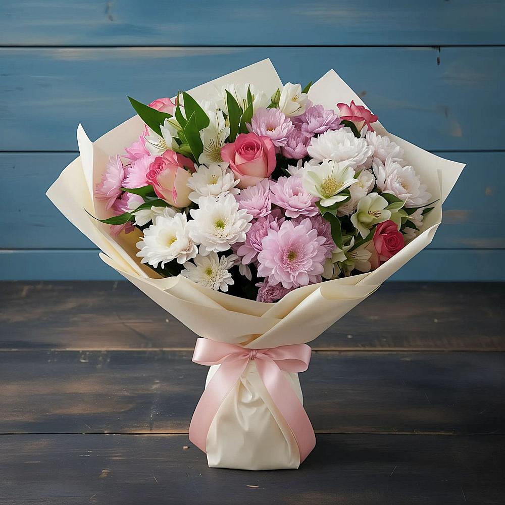 Букет цветов из: Хризантемы, Альстромерии и Розы в Бологом